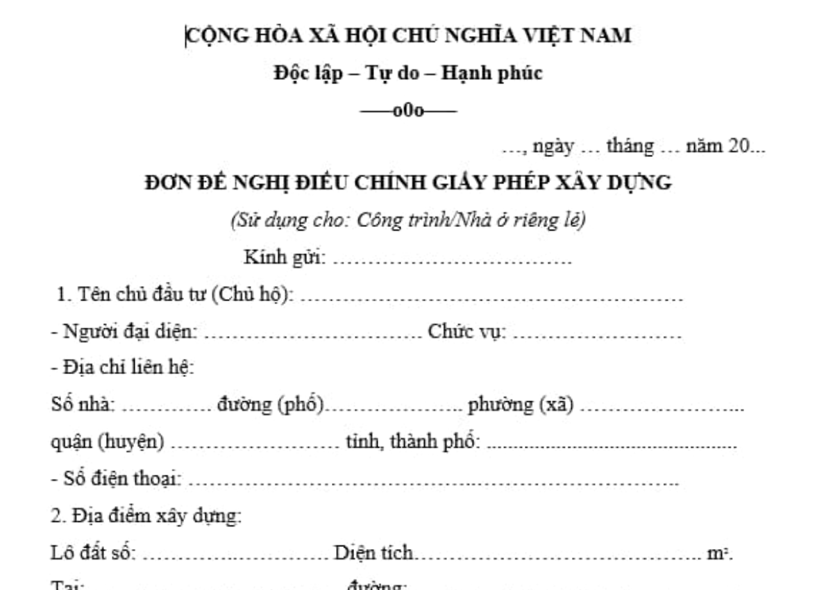 Mẫu đơn đề nghị điều chỉnh giấy phép xây dựng Mẫu đơn đề nghị điều chỉnh giấy phép xây dựng