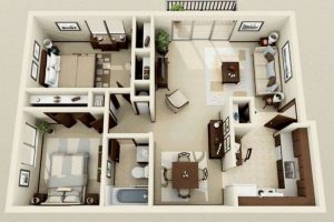 Bản vẽ nhà cấp 4 2 phòng ngủ mô phỏng 3D