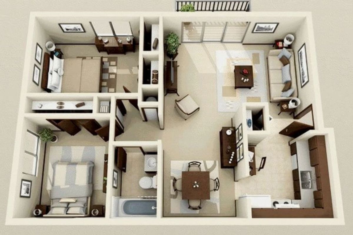 Bản vẽ nhà cấp 4 2 phòng ngủ cho không gian sống hiện đại 2 Bản vẽ nhà cấp 4 2 phòng ngủ mô phỏng 3D