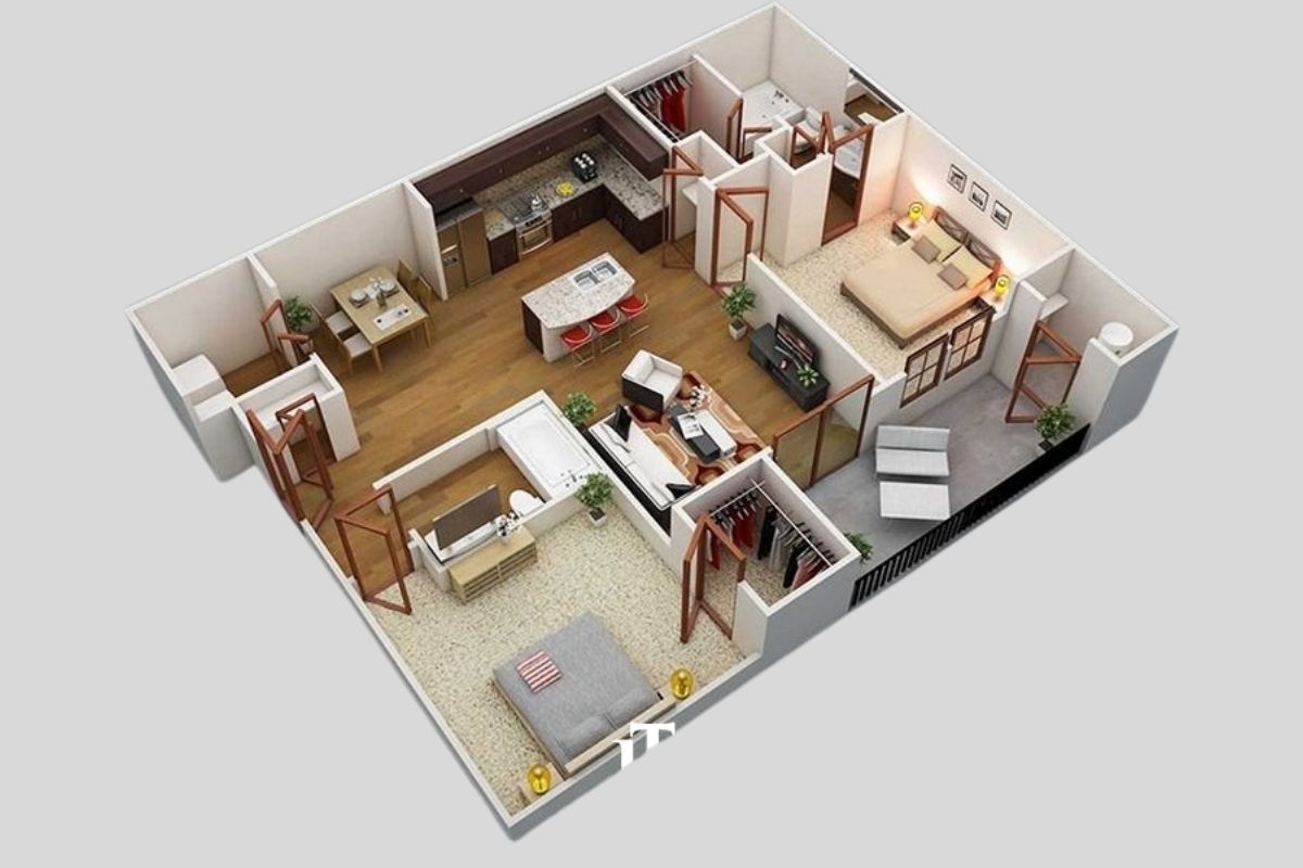 Bản vẽ nhà cấp 4 2 phòng ngủ cho không gian sống hiện đại 3 Mô phỏng bản vẽ thiết kế 3D thi công