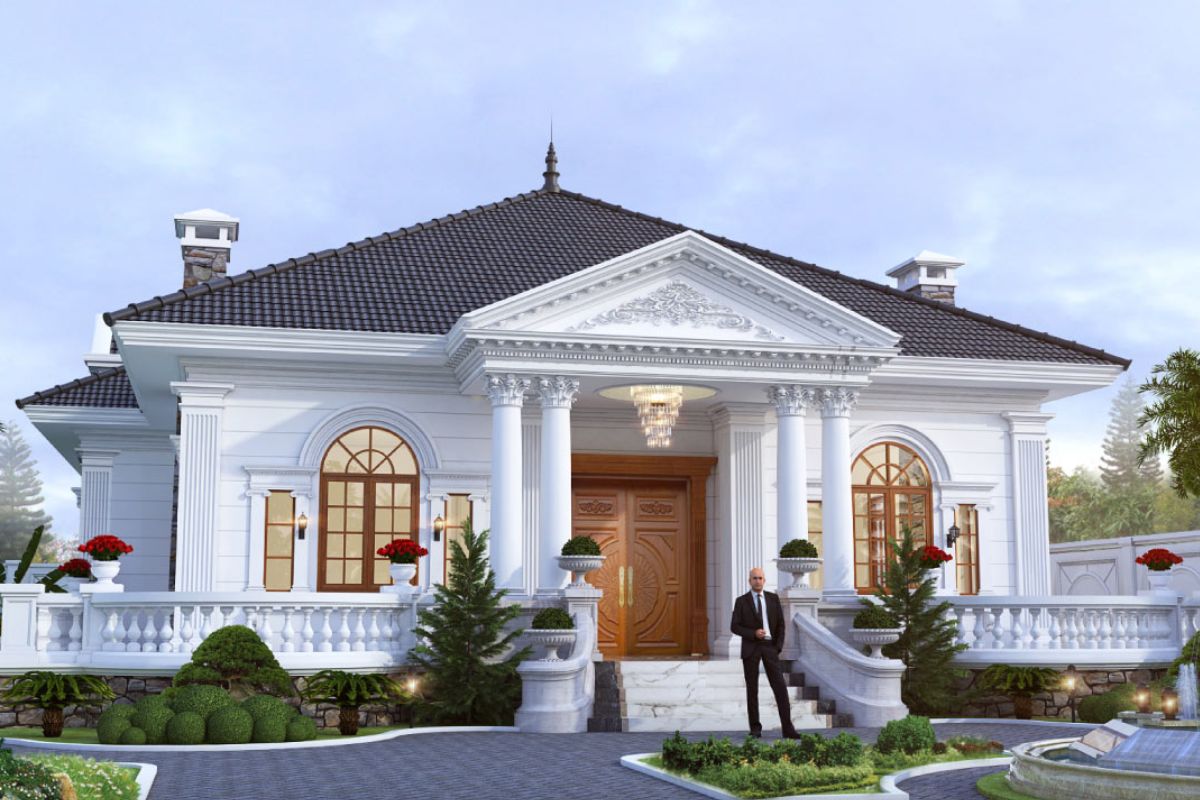 Biệt thự 1 tầng tân cổ điển được thiết kế 3D trước khi thi công